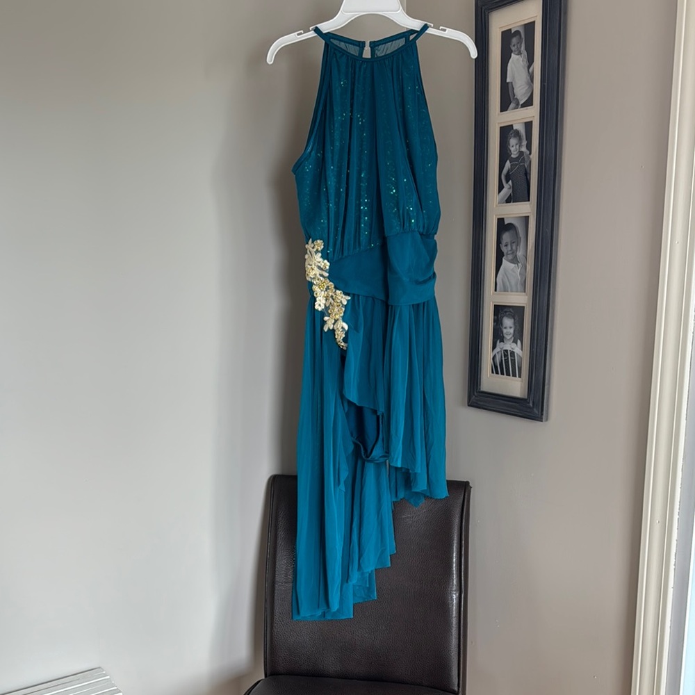Weissman Blue and Golf  Asymmetrical Ruched Dance Gown